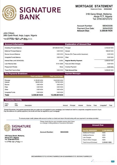Download Nigeria Signature Bank mortgage statement Word and PDF template Photoshop template